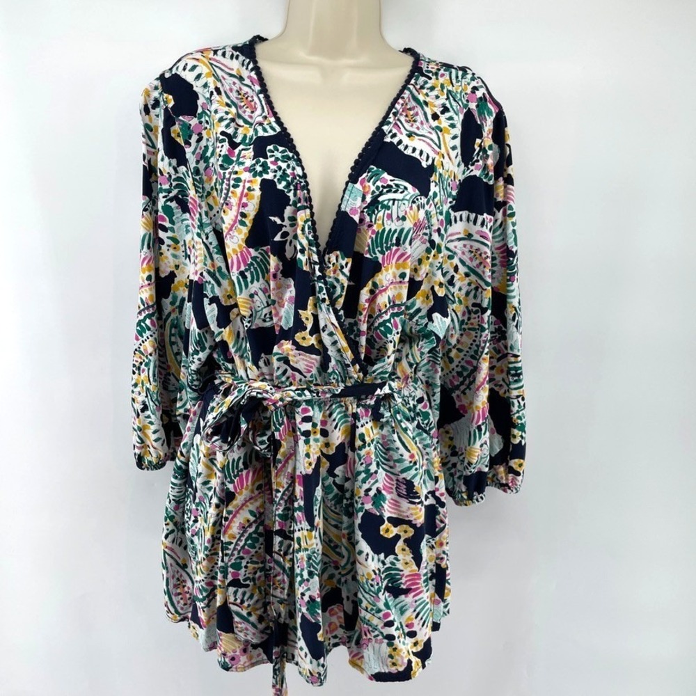 Crown & Ivy Blouse Women Plus 3X Colorful Paisley Boho‎ Wrap Style Tie Waist